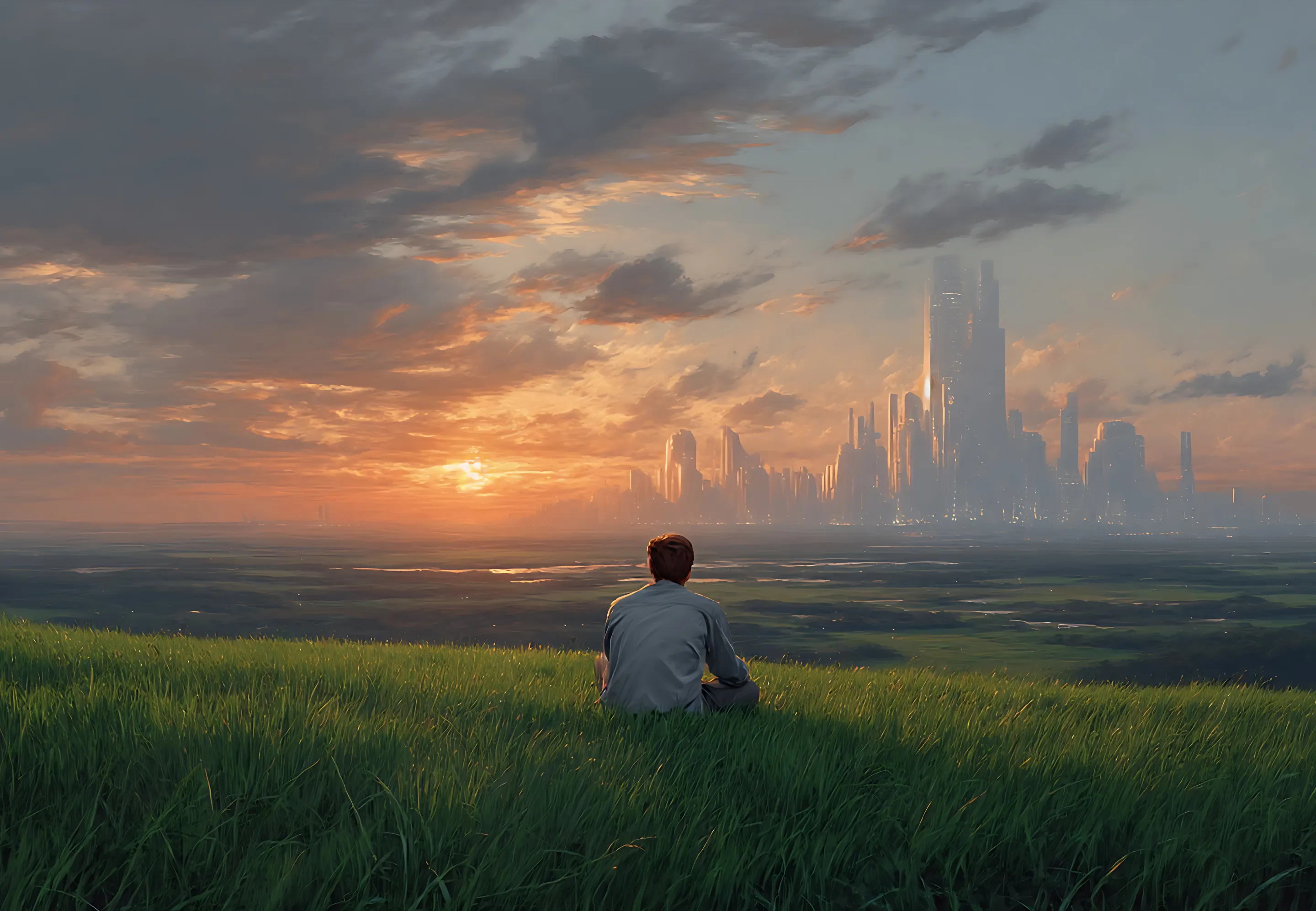 Person sitting on a grassy hill watching a futuristic city skyline at sunset.