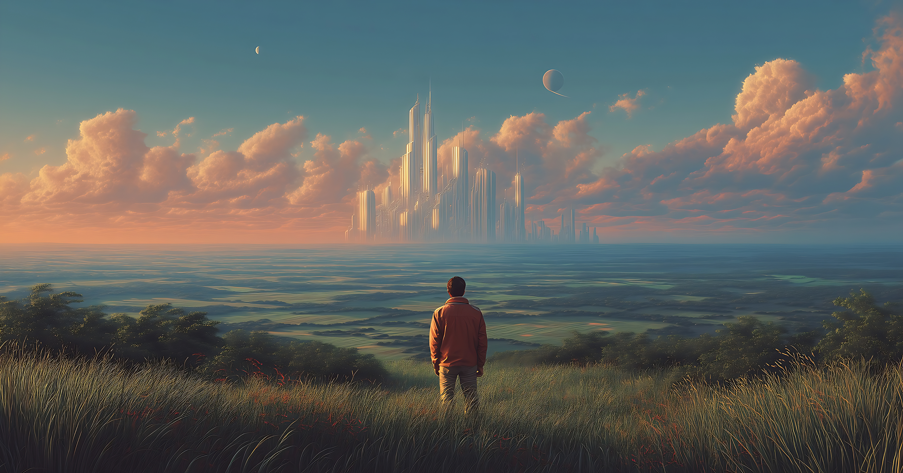 Person standing in a grassy field overlooking a futuristic city with tall towers under a sky with two moons and scattered clouds at sunset.